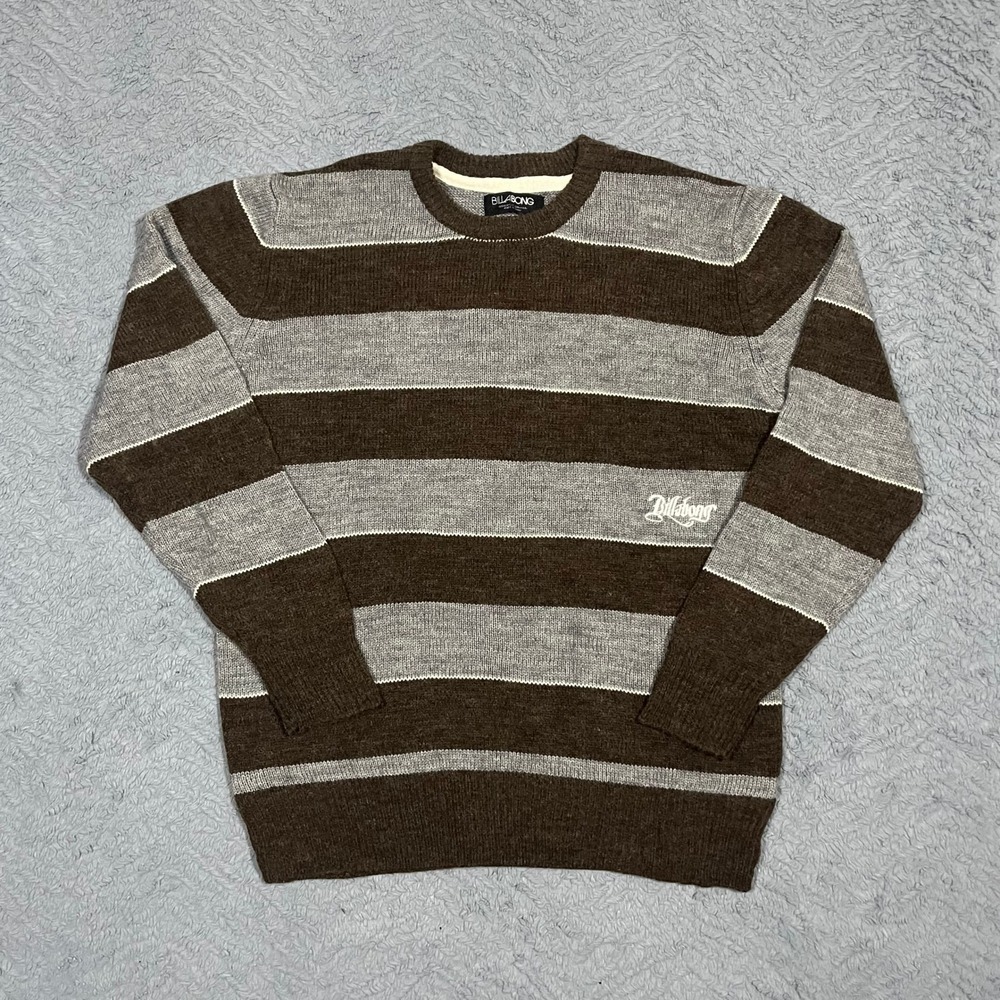 Billabong Mens Striped Wool Blend Crewneck Sweater Brown Grey Large Y2K Surfwear